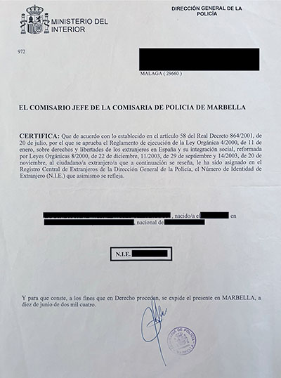 This is an NIE, NOT the green certificate or the TIE card